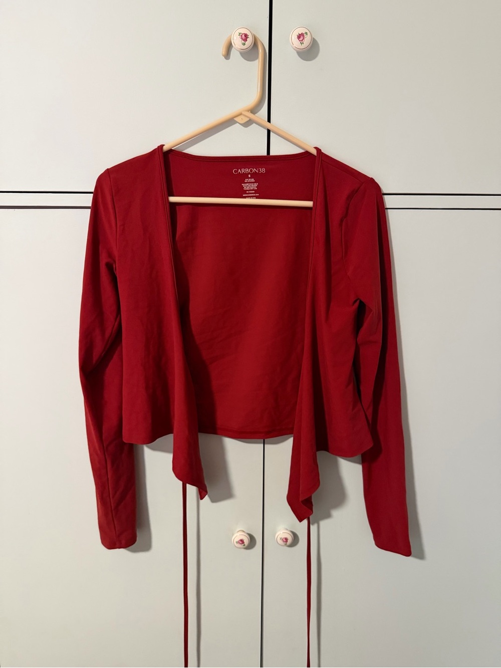 Carbon38 Red Open-Front Tie-Waist Long-Sleeve Top